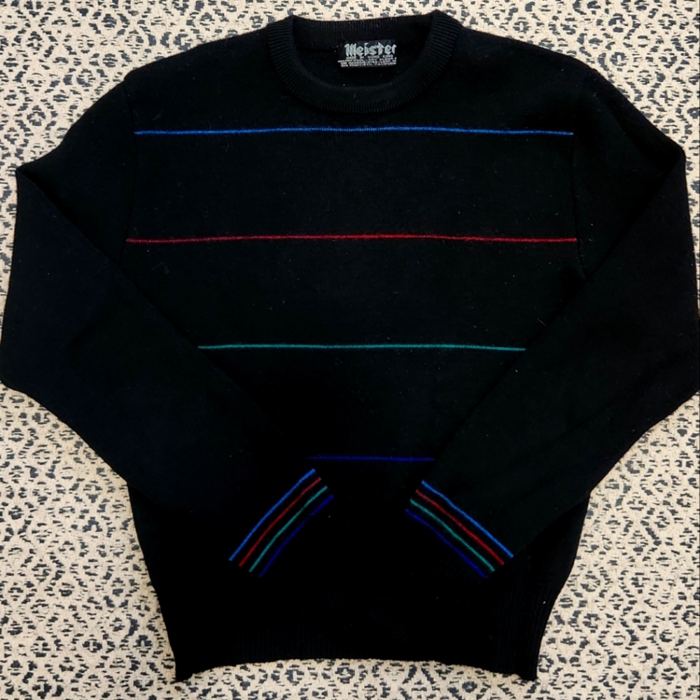 Meister Vintage Wool Cropped Black Sweater Stripe Accent Size 38